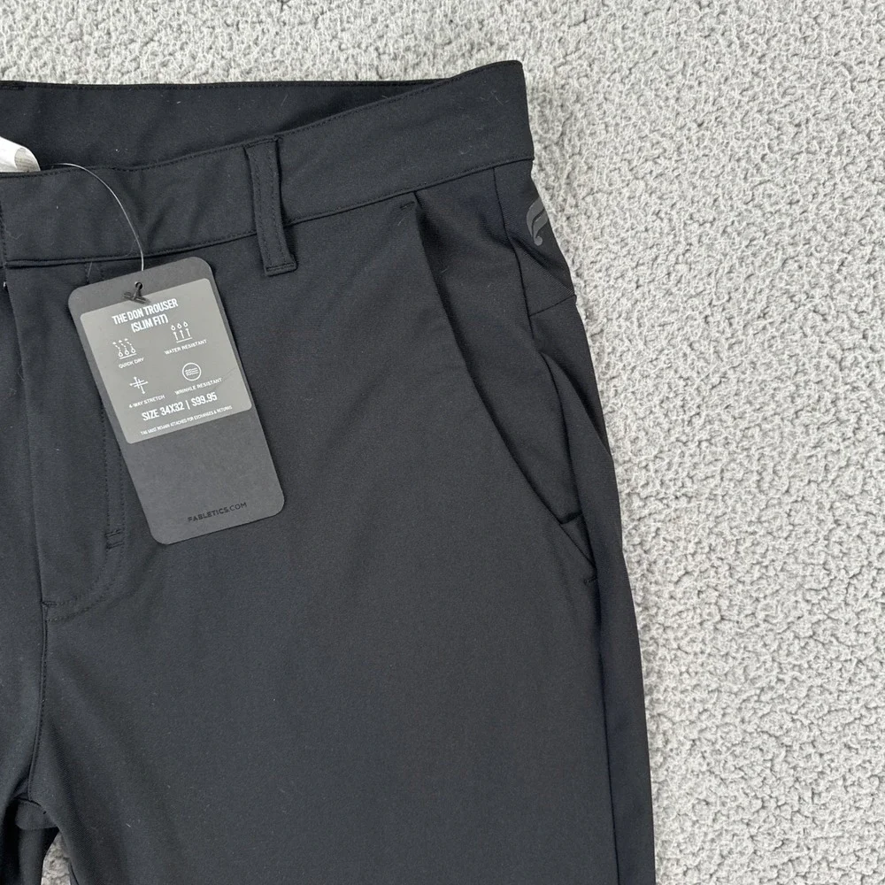 NWT Fabletics The Don Trouser Pants Men 34x32 Black Slim Fit Water Resistant